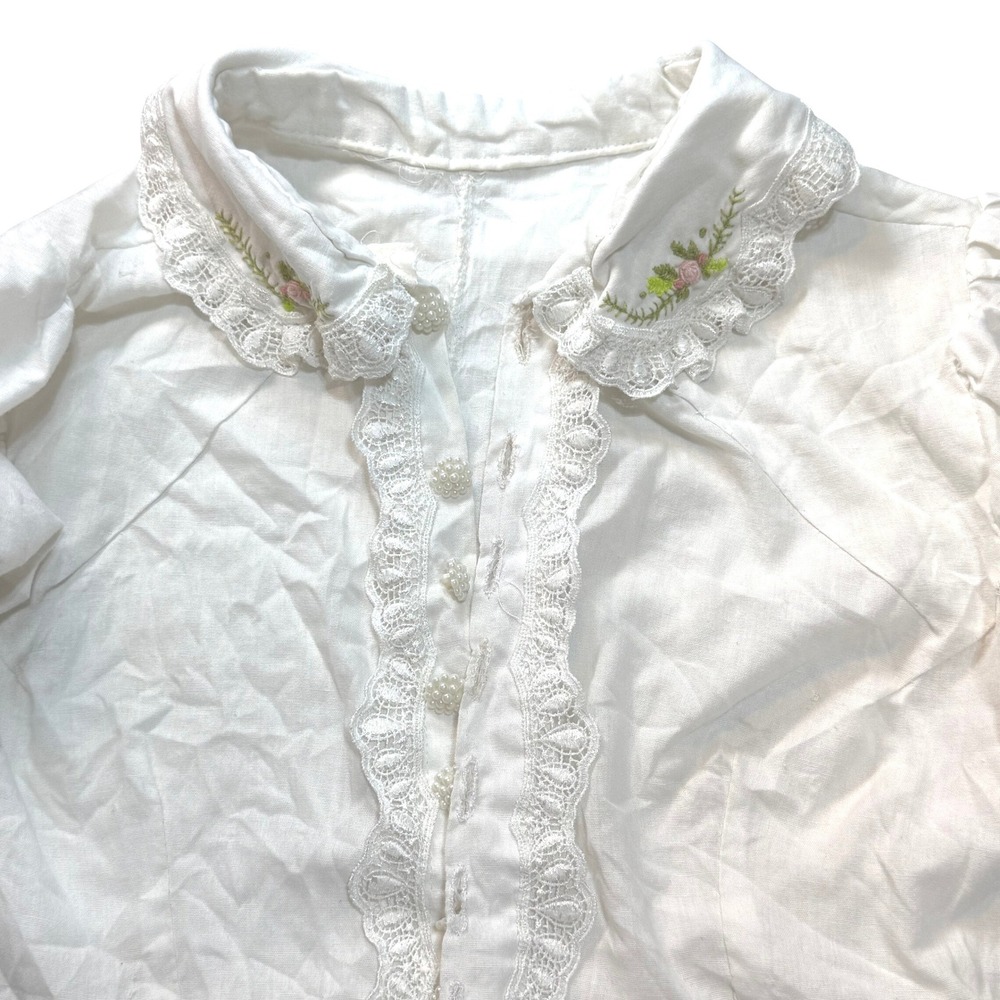 Vintage White Lace Trim Blouse Floral Embroidery Pearl Button Puff Sleeve Kids